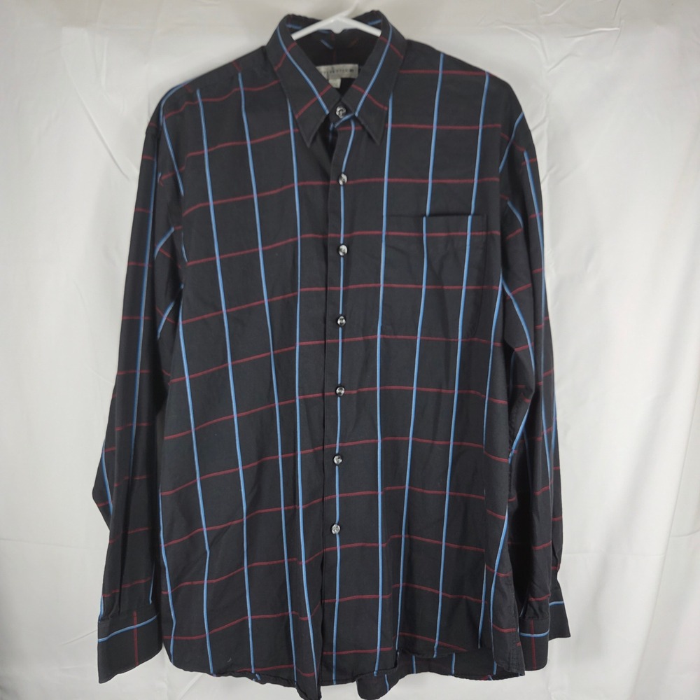 Cutter & Buck Mens Large Black Blue Red Windowpane Check Button Down Shirt L